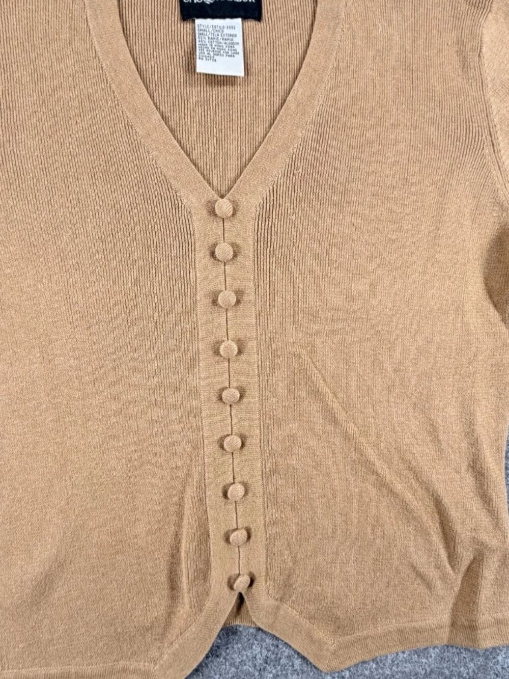 Vintage Sag Harbor Sweater Womens S Brown Tan V-Neck Short Sleeve Button Detail - Picture 9 of 16